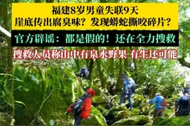 失踪9天！福建8岁男童失联，有网友称山上发现人体组织碎片？崖底传出腐臭味？当地应急局回应：这些消息是假的，搜救仍在继续。救援人员称山中有泉水野果，男童仍有生还可能。视频封面