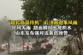 7月7日，山东，济南下午两点半左右开启“狂风大雨”模式！在经过超长的“高温待机”之后，济南市民迎来一份清凉。山东省气象台于7月7日14时40分发布强对流黄色预警。