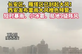 雷雨大风橙色预警!#西安 长安区、雁塔区已刮起大风！#短时暴雨 、小冰雹、局地#9级阵风