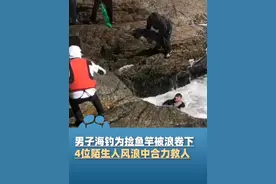 11月29日广东汕头，男子海钓为捡鱼竿被浪卷下，4位陌生人风浪中崖边合力救人，黑衣男子为救人不慎落海，自救成功后继续救援，“筋疲力尽，一只胳膊脱臼”