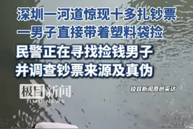 深圳一河道惊现十多扎钞票，一男子直接带着塑料袋捡。民警正在寻找捡钱男子，并调查钞票来源及真伪（原创内容）
