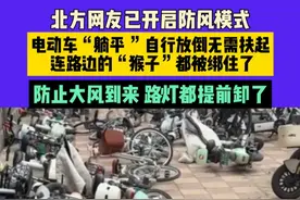 4月11日河北（发布）：北方网友已开启防风模式，电动车“躺平 ”自行放倒无需扶起，连路边的“猴子”都被绑住了，防止大风到来 路灯都提前卸了视频封面
