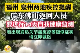 福州、泉州两地疾控提醒广东佛山返回人员14天自我健康监测，其间若出现发热、关节痛、皮疹等疑似症状，请立即就医并告知旅居史。视频封面