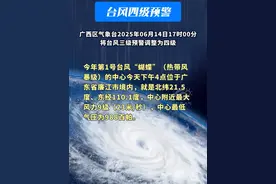 广西区气象台2025年06月14日17时00分将台风三级预警调整为四级#台风蝴蝶最新消息 #降雨 #广西天气