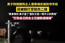 男子称提醒狗主人需牵绳反被抢夺手机，还被殴打至轻伤二级 ，“鼻骨骨折 鼻子歪了 整形又是一笔不小的费用”“打伤自己的女士已被取保候审”（畅）