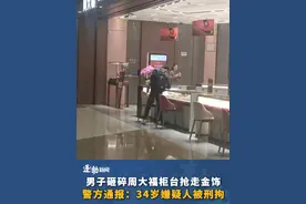 #男子砸碎周大福柜台抢走珠宝 ，店员目睹全程被吓呆，作案后逃跑，警方通报：34岁嫌疑人被刑拘，4件被抢金饰悉数缴获#黄金视频封面