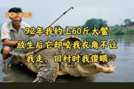 92年我钓上60斤大鳖，放生后它却咬我衣角不让我走，回村时我傻眼视频封面
