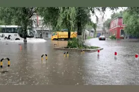 沈阳市东塔桥北下桥口处，有积水！警察已在协调交通，请绕行图片