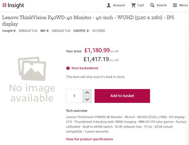 联想ThinkVision P40WD-40显示器曝光：40英寸曲面带鱼屏