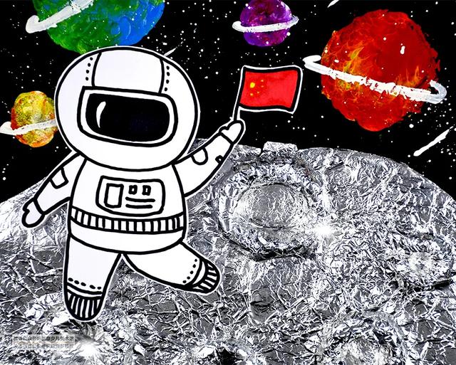 儿童画教程|色彩与肌理的创想《月球漫步》