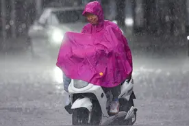 郑州突降大雨，雨滴密密麻麻，街道瞬间积水很多，行人被淋湿图片