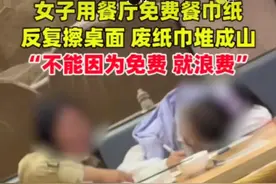 女子餐厅用餐后免费纸巾堆成山图片