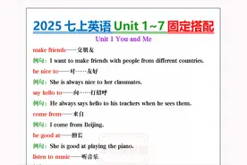2025秋七年级上册（英语）1-7单元必背重点固定搭配清单，含例句图片