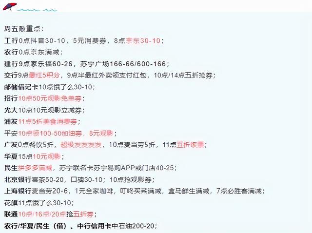 12月24日周五,工行抖音/京东30-10、交行/广发/浦发5折券等