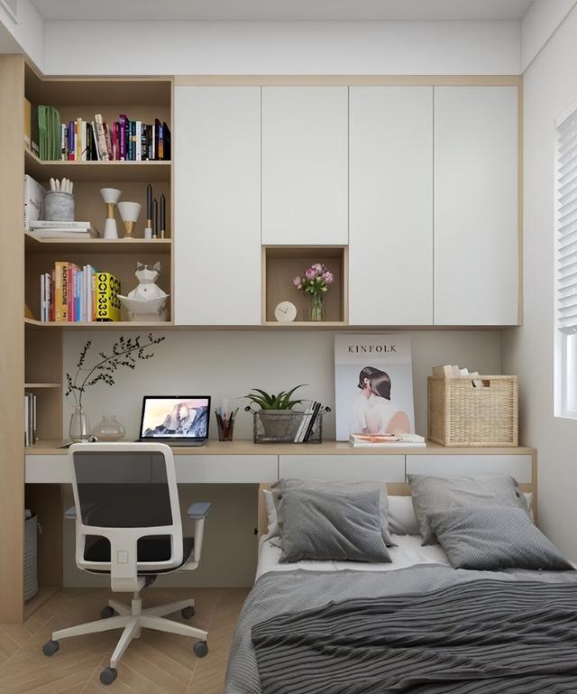 书桌上方做个转角吊柜,l型设计能够最大化的利用空间,让家里的书籍