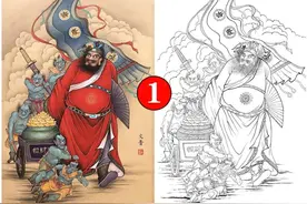 於文普工笔《钟馗神威》墨线底稿8幅/附彩图，降妖伏魔五鬼运财图片