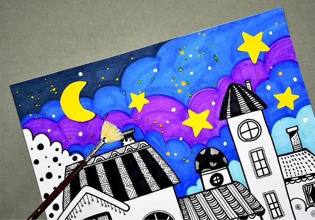 儿童画教程|线描装饰艺术课程《星空下的小房子》