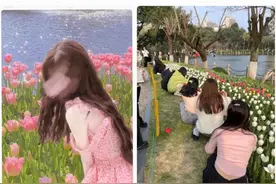 最近每片网红郁金香花地，都蹲着排队打卡的美女图片