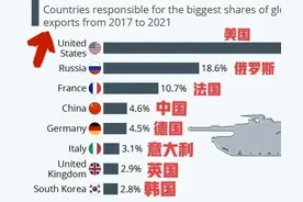 全球军火贸易市场份额TOP8，出口和进口的国家排名都集齐了。图片