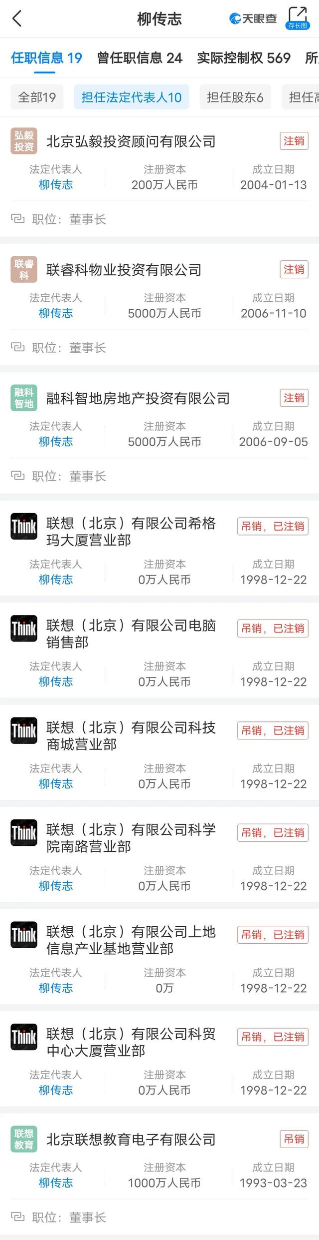 柳传志任职19企业，10家公司法人代表（已注销）股东6家高管7家-第2张图片-90博客网