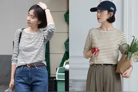 今年流行“条纹衫”，搭配阔腿裤、牛仔裤、半身裙，时髦又洋气图片