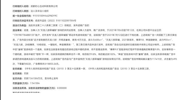 天龙八部荣耀版成都运营商，抖音上发布虚假广告，遭罚7.5万元