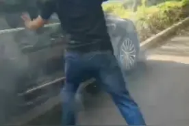 这个动作真帅！轿车撞上绿化带后开始冒烟，邢台“黑衣哥”果断拿起砖头砸窗救人图片