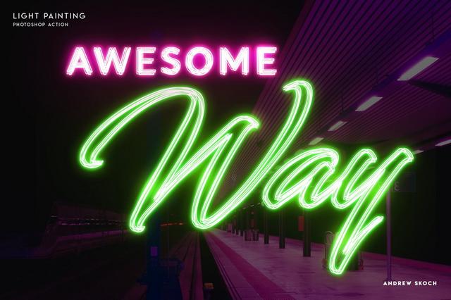 「ps动作特效」 霓虹灯手绘字体文字发光特效赛博朋克形风格psd模板