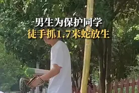 男生为保护同学徒手抓1.7米蛇放生，当事人：是菜花蛇无毒但怕咬伤人，以前还抓过2米长的大蛇图片