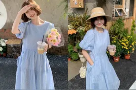 夏天别总穿黑色连衣裙，试试清爽的蓝色裙装，高级干净又显瘦图片