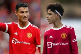5-0！迷你罗为曼联进球，C罗儿子门前抢点破门，模仿CR7庆祝图片