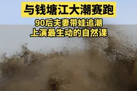 与钱塘江大潮赛跑，90后夫妻带娃追潮图片