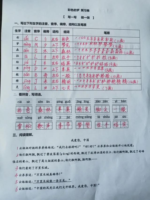 「最适合家长的复习材料」语文二年级下册《彩色的梦》复习方法