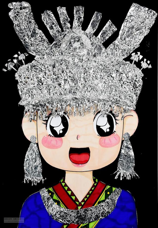 通过绘画结合综合材料的运用,描绘一位头戴银饰的苗族姑娘,感受中国