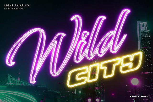 「ps动作特效」 霓虹灯手绘字体文字发光特效赛博朋克形风格psd模板