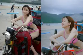 李梦穿性感泳装开三轮车！素颜玩水皮肤粉嫩，肉肉的小肚子太真实图片