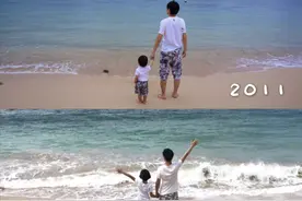 林志颖重游巴厘岛，晒父子多年海边牵手对比照，一条裤子穿12年图片