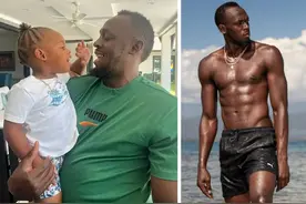 37岁博尔特近照，抱儿子挺啤酒肚！6块腹肌变一滩肉，身材发福图片