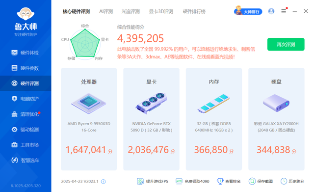鲁大师跑分440W的顶配整机配置：预算3.8W的9950X3D+5090D装机