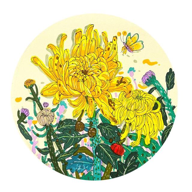 ⑥最后画上蝴蝶,运用丙烯马克笔勾出叶脉,装饰画面,白色高光笔调整