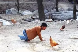 河南一老人，为照顾残疾养子终身未娶，今养子爬行养鸡给养父盖房图片