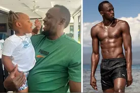 37岁博尔特近照，抱儿子挺啤酒肚！6块腹肌变一滩肉，身材发福图片