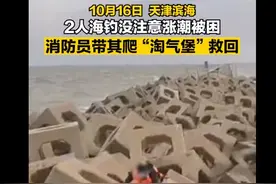 天津滨海两男子海边钓鱼太投入遇涨潮被困，消防带其爬“淘气堡”救回图片