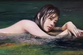 日本画家大野真本的水中少女，含情脉脉与你温情的对视图片