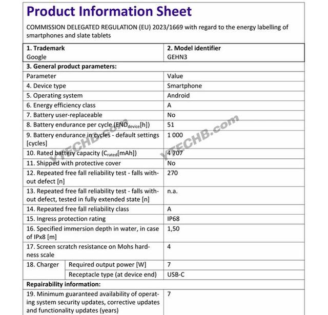 谷歌 Pixel 10 系列手机能效标签曝光