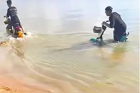 俩“淘孩子”湖中骑车挺吓人图片