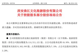 业绩变脸亏两亿被警示后，曲江文旅又有大股东股份被冻结图片