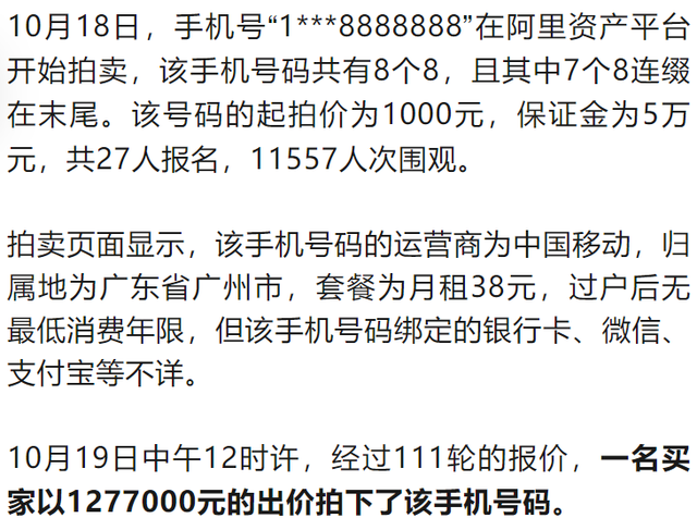 尾号“8888888”手机号拍出127万余元，工作人员：拍完不要会罚没5万元保证金
