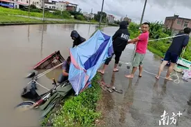惊险！暴雨后三轮车连人翻河道，干群联手施救图片