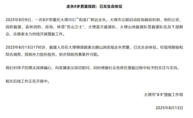 苍山走失男童遗体在一处山涧被发现，距离走失处直线距离1公里左右
